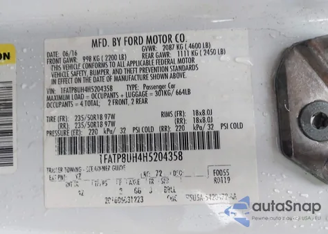 2017 Ford Mustang z USA, uszkodzony, nr VIN 1FATP8UH4H5204358